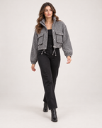 Women’s Checked Jacket with Cropped Shape and Utility Pockets in Black & White, full body view