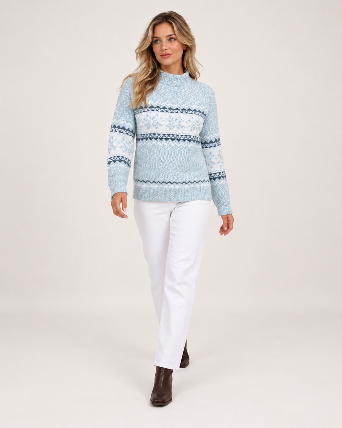 Women's Christmas Jumper with Fair Isle Pattern and Roll Neck walking view