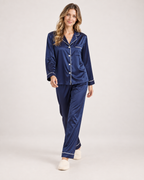 Women’s Pyjama Set with Contrast Piping in Blue, full body view
