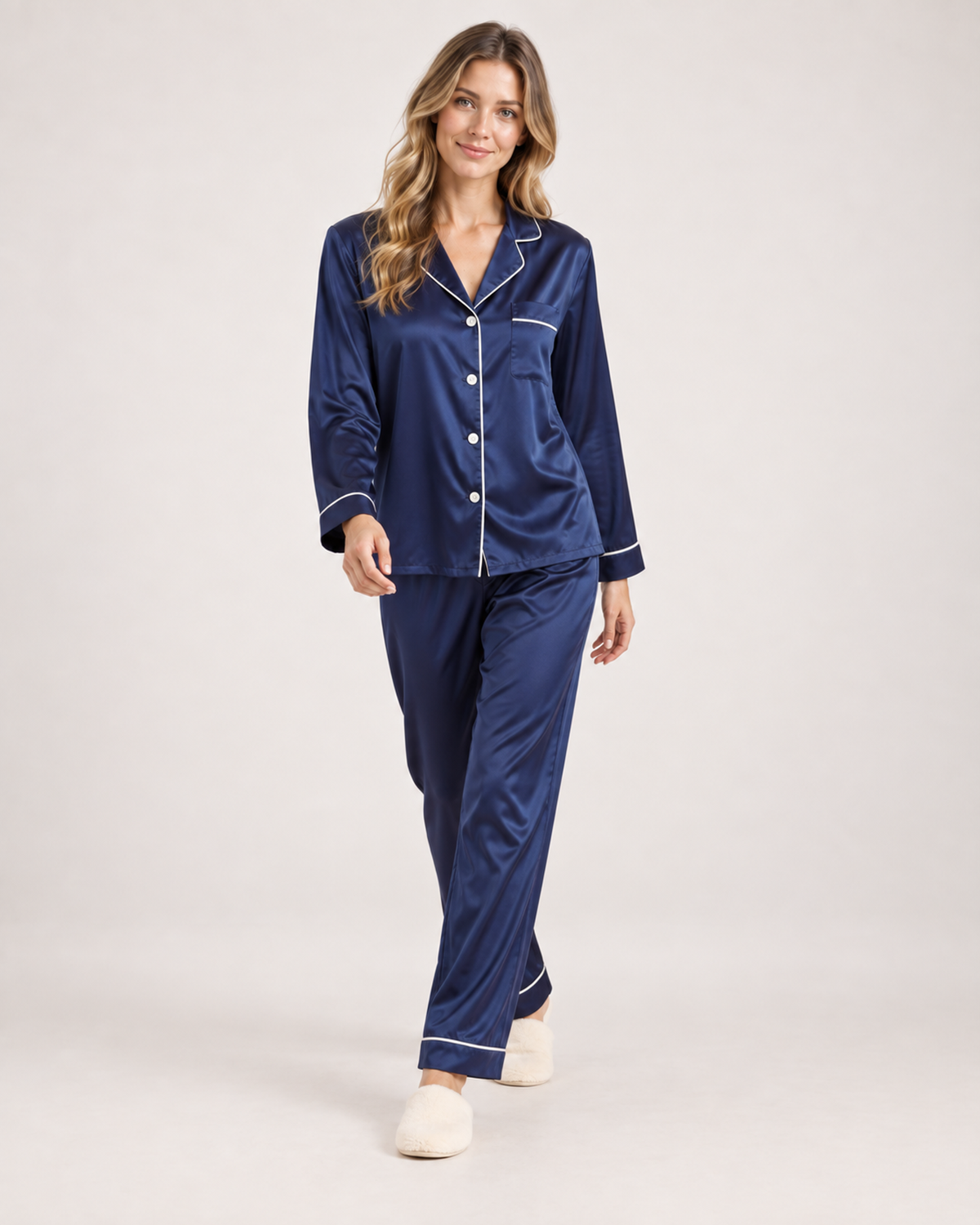 Women’s Pyjama Set with Contrast Piping in Blue, full body view