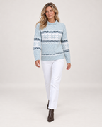 Women’s Christmas Jumper with Fair Isle Pattern and Roll Neck in Blue, full body view