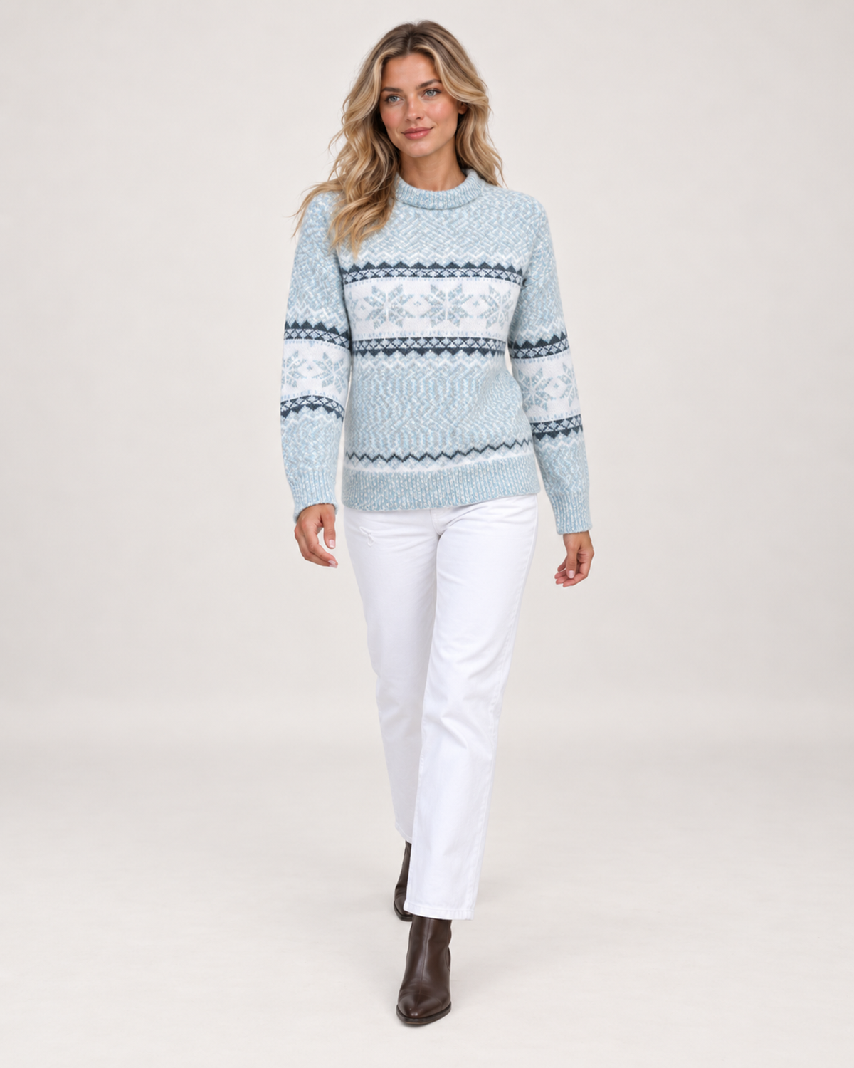 Women’s Christmas Jumper with Fair Isle Pattern and Roll Neck in Blue, full body view