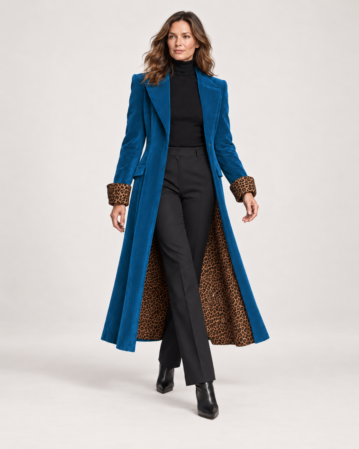 Women’s Longline Coat with Leopard Print Trim in Blue, full body view