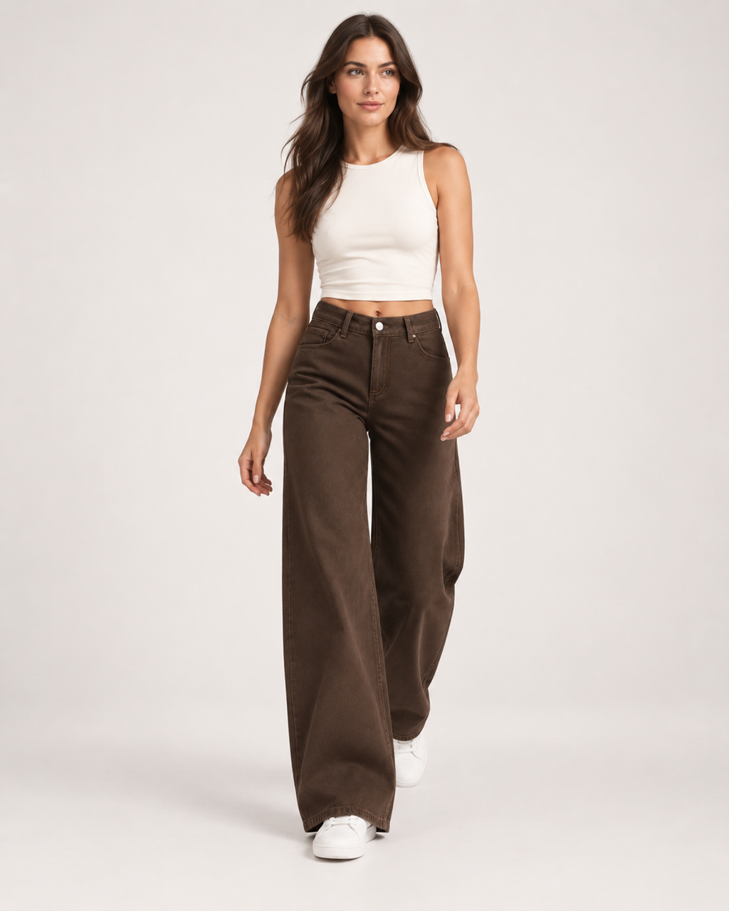 Women’s Wide Leg Jeans in Brown with High Waist in Brown, full body view