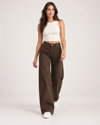 Women’s Wide Leg Jeans in Brown with High Waist in Brown, full body view