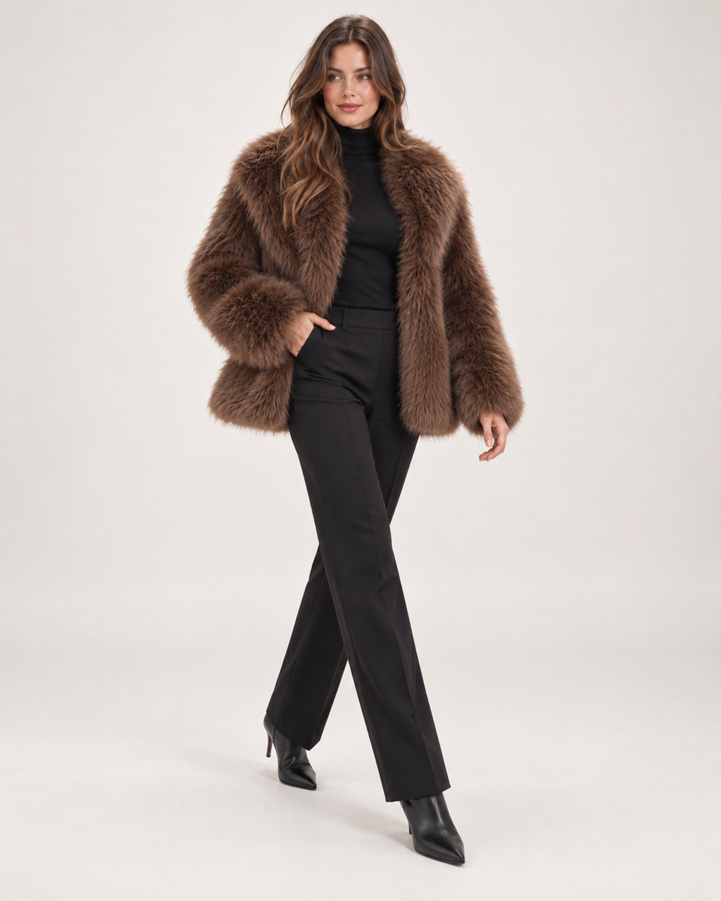 Women’s Faux Fur Jacket with Wide Collar in Brown, full body view