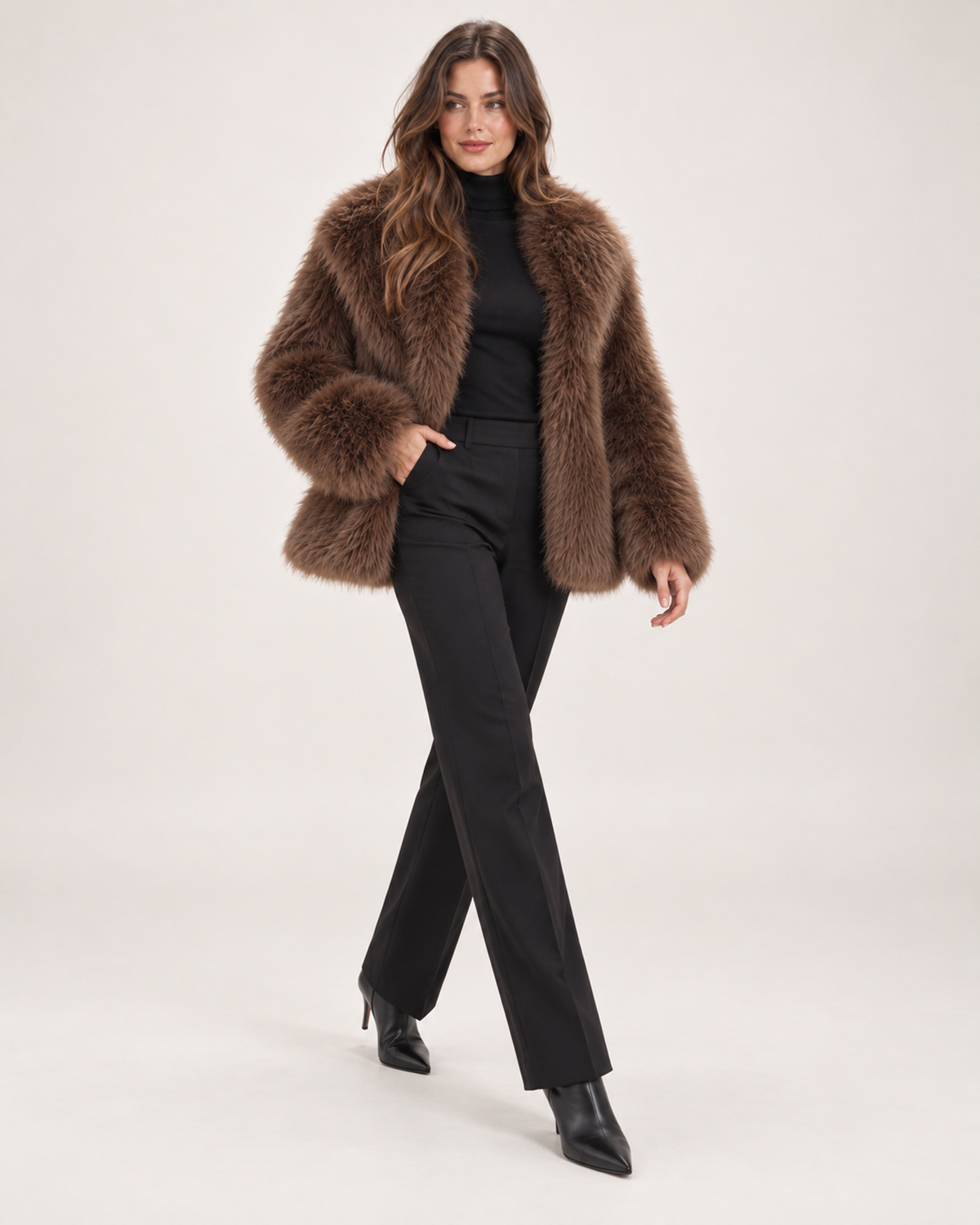 Women’s Faux Fur Jacket with Wide Collar in Brown, full body view