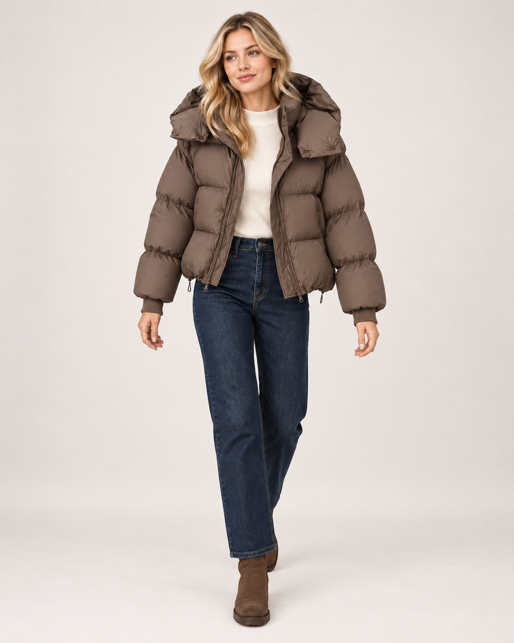 Women’s Puffer Jacket with Oversized Hood and Drawstring Hem in Brown, full body view
