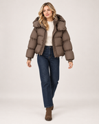 Women’s Puffer Jacket with Oversized Hood and Drawstring Hem in Brown, full body view