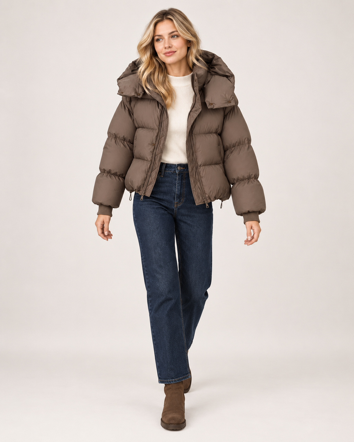 Women’s Puffer Jacket with Oversized Hood and Drawstring Hem in Brown, full body view