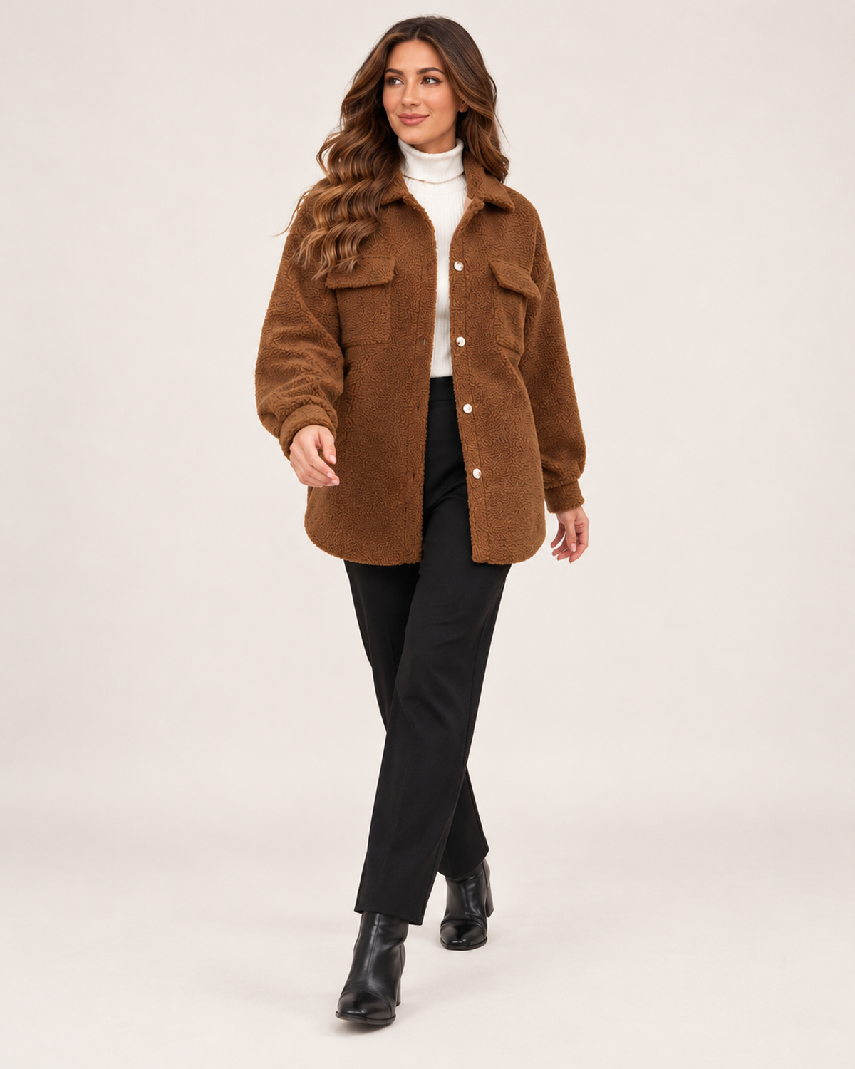Women’s Teddy Jacket with Button Front and Chest Pockets in Brown, full body view