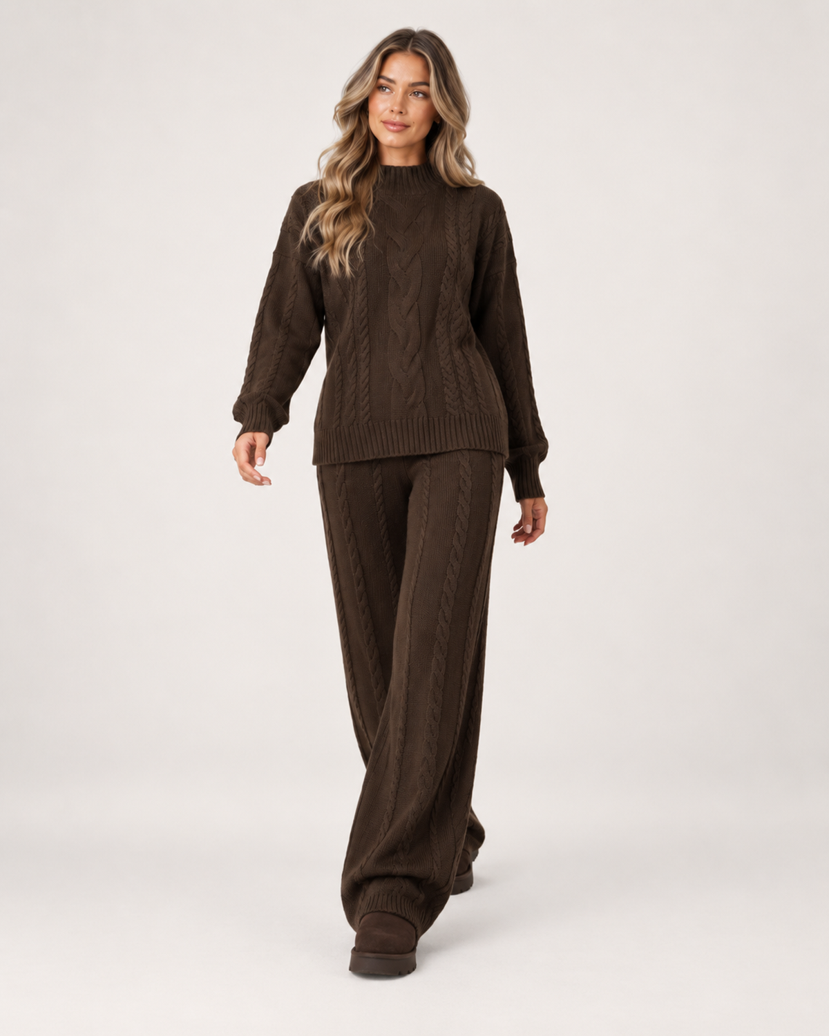 Women’s Knitted Co-Ord Set with Cable Knit Jumper and Wide Leg Trousers in Brown, full body view