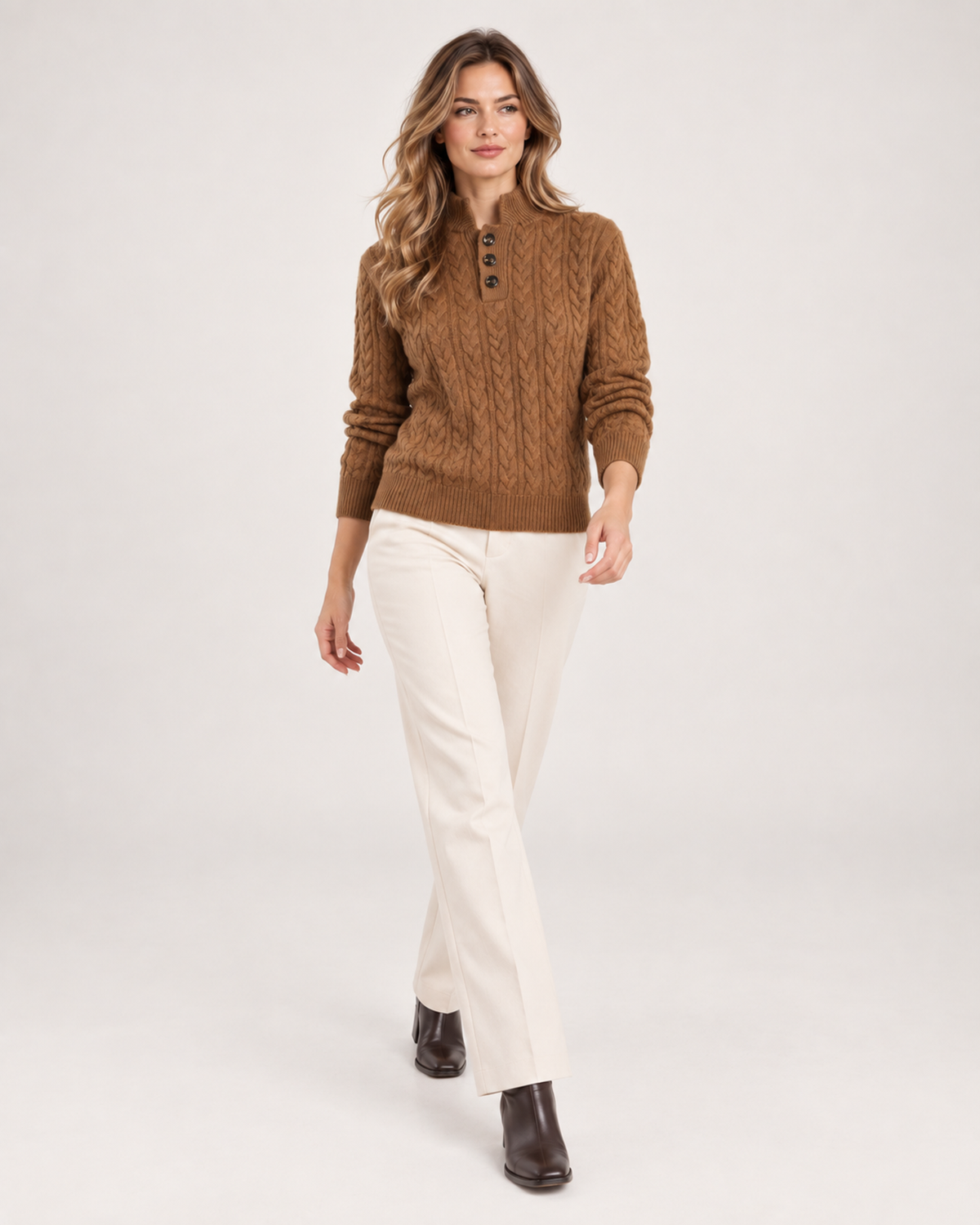 Women’s Cable Knit Jumper with Stand Collar and Button Neck in Brown, full body view