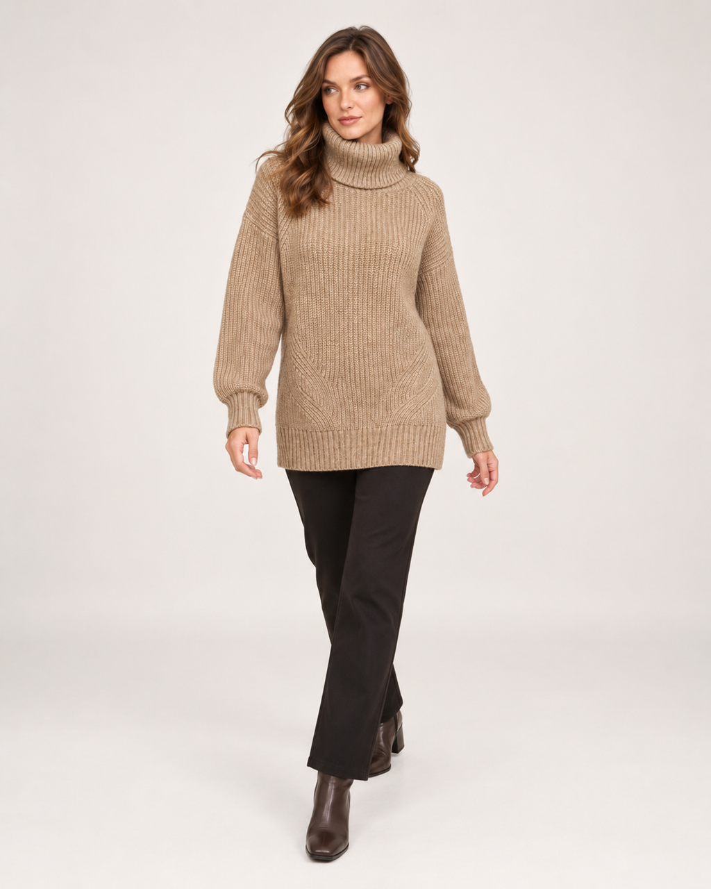 Women’s Roll Neck Jumper with Relaxed Longline Fit in Brown, full body view