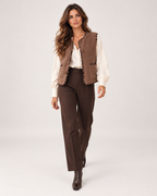 Women’s Borg Gilet with Contrast Trim and Pockets in Brown, full body view