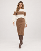 Women’s Knitted Co-Ord Set with Colour-Block Jumper and Midi Skirt in Brown, full body view