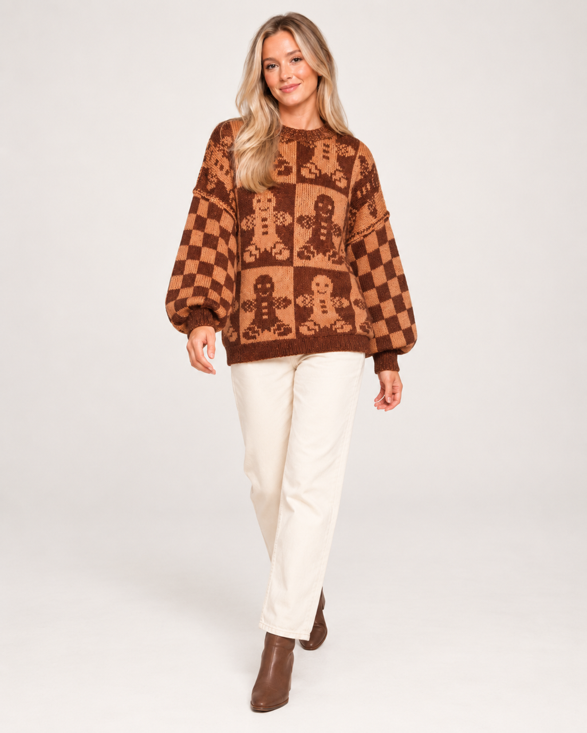 Women’s Christmas Jumper with Gingerbread Pattern in Brown, full body view