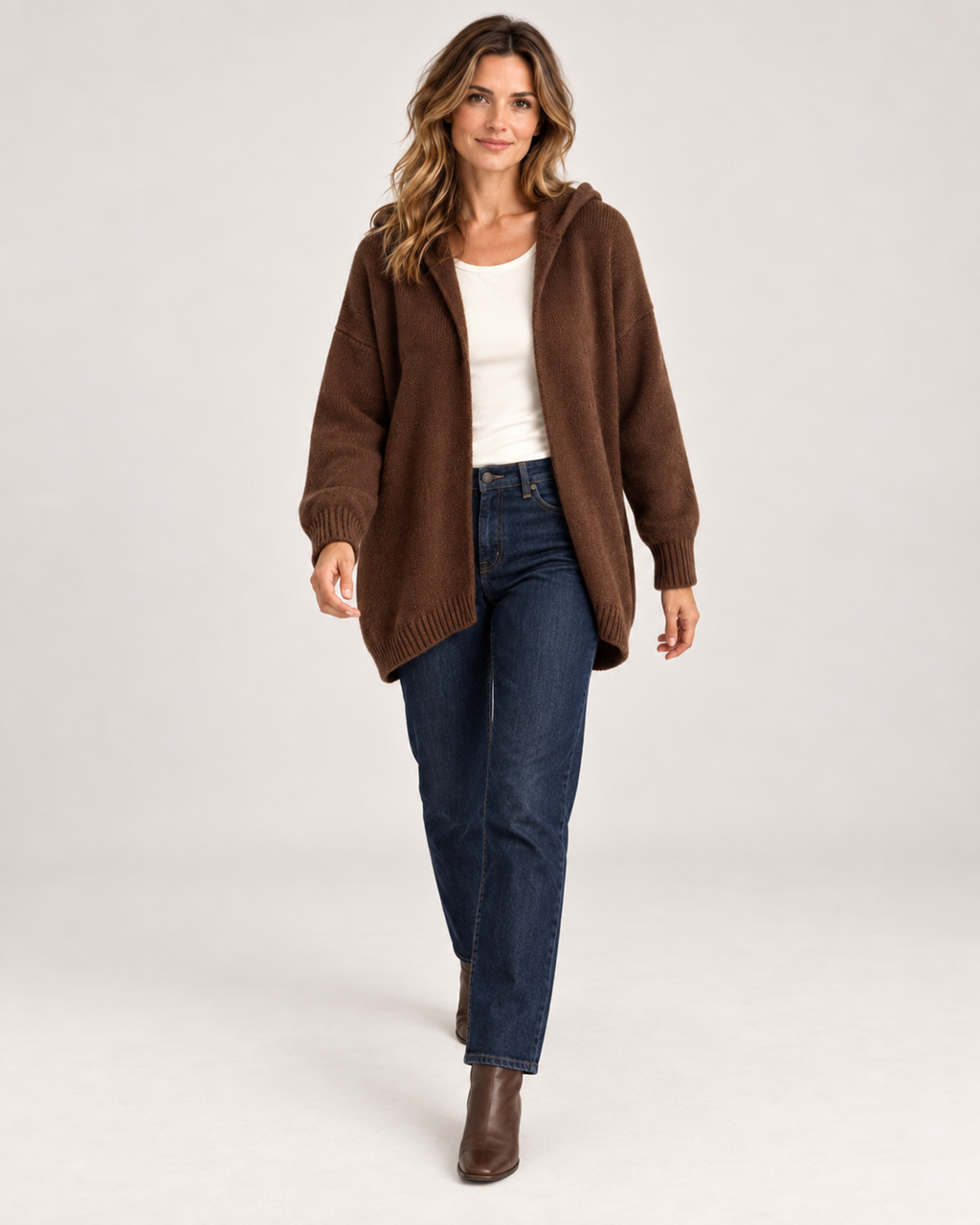 Women’s Hooded Cardigan with Knitted Finish in Brown, full body view