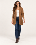 Women’s Coatigan with Open Front and Pockets in Brown, full body view