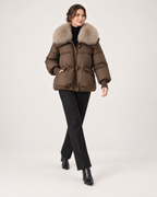 Women’s Puffer Jacket with Faux Fur Collar and Drawstring Waist in Brown, full body view