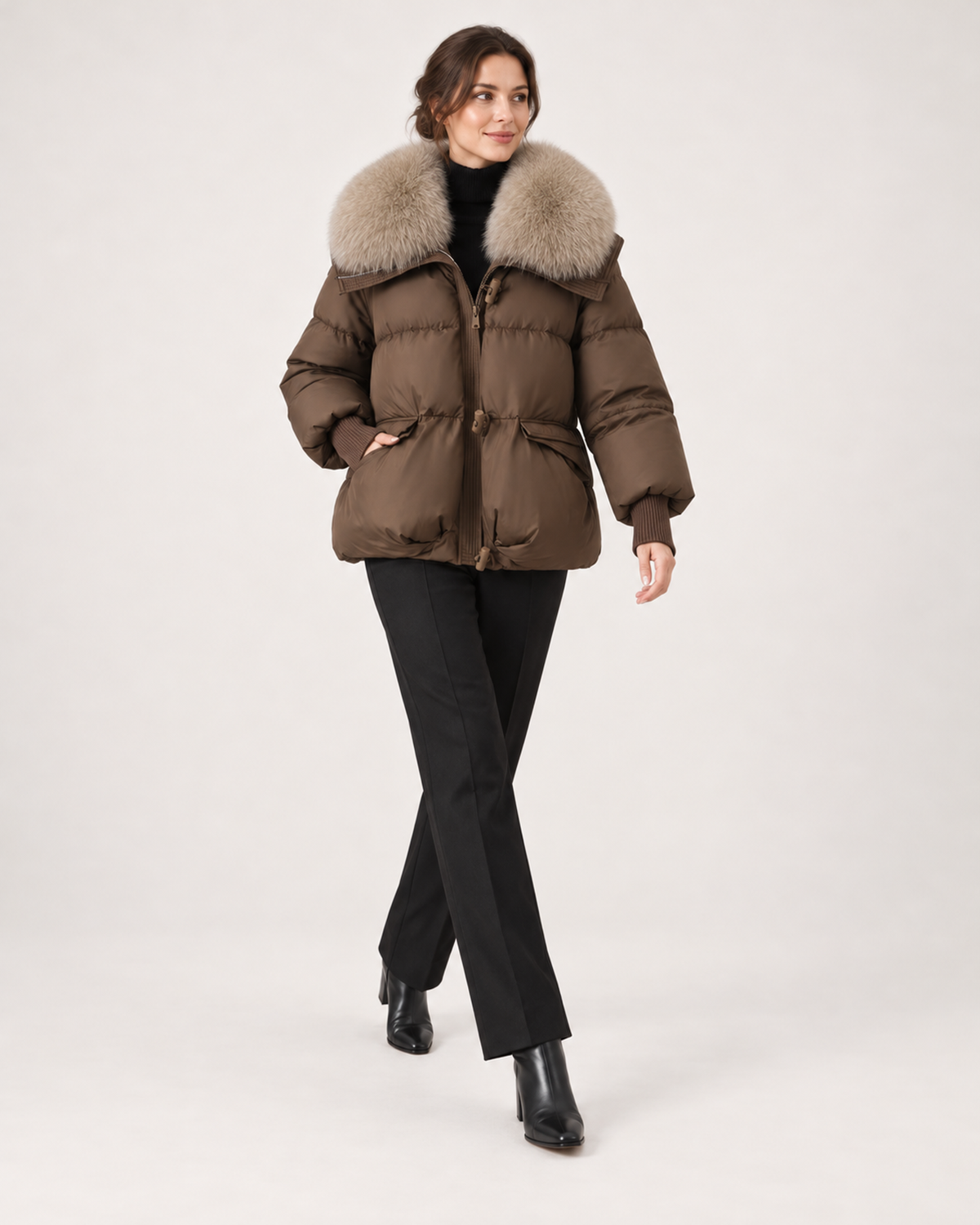 Women’s Puffer Jacket with Faux Fur Collar and Drawstring Waist in Brown, full body view
