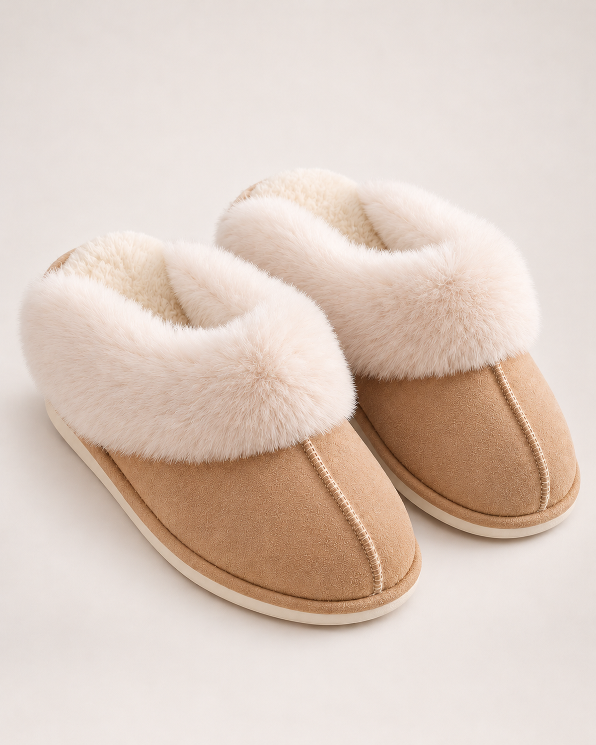 Women’s Mule Slippers with Plush Cuff and Closed Toe in Brown, product only view