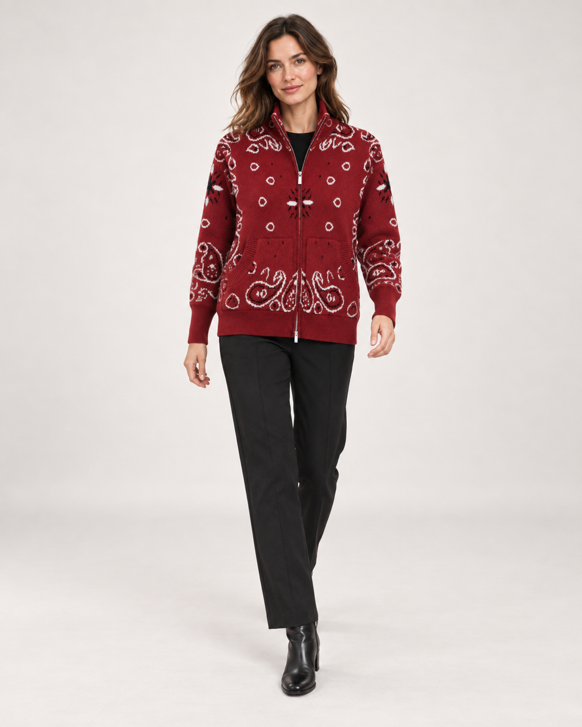 Women’s Knitted Cardigan with Zip Front and High Neck in Burgundy, full body view