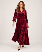 Women’s Velvet Maxi Dress with Collar and Tiered Skirt in Burgundy, full body view