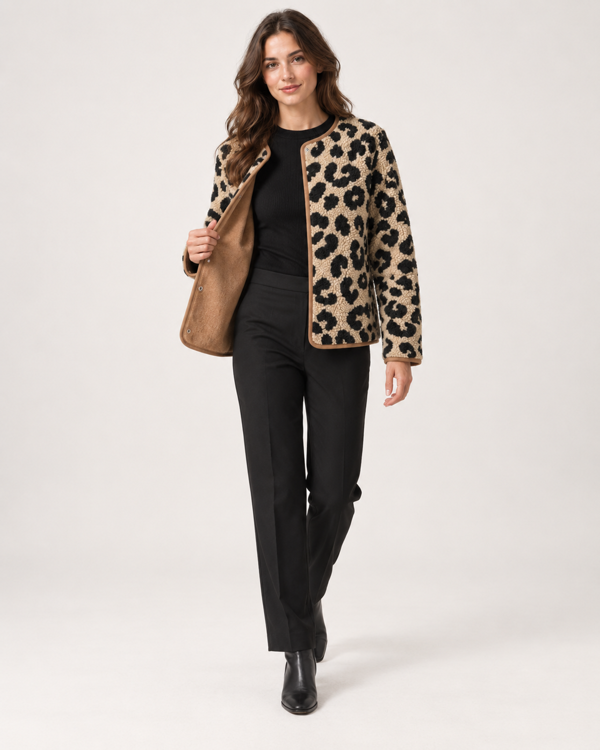Women’s Leopard Print Jacket with Contrast Lining in Camel, full body view