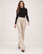 Women’s Sequin Trousers with Flared Legs in Champagne, full body view