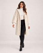 Women’s Longline Cardigan with Hood and Cable Texture in Cream, full body view