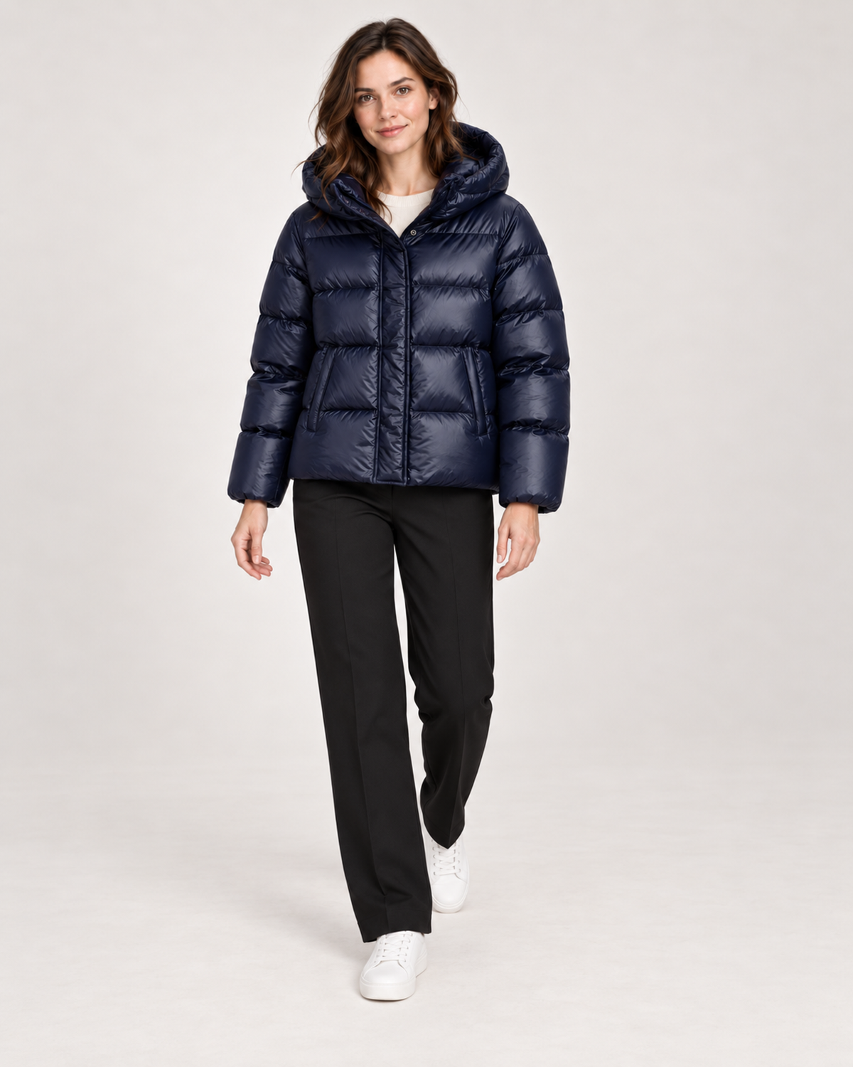 Women’s Puffer Jacket with Hood and Zip Front in Dark Blue, full body view