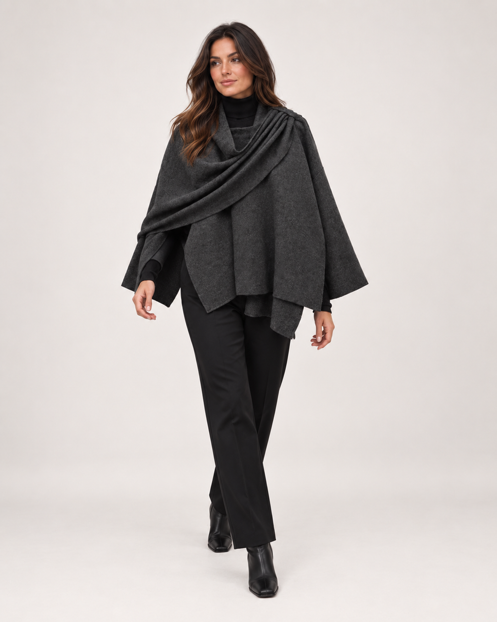 Women’s Cape Coat with Asymmetric Scarf Collar in Dark Grey, full body view