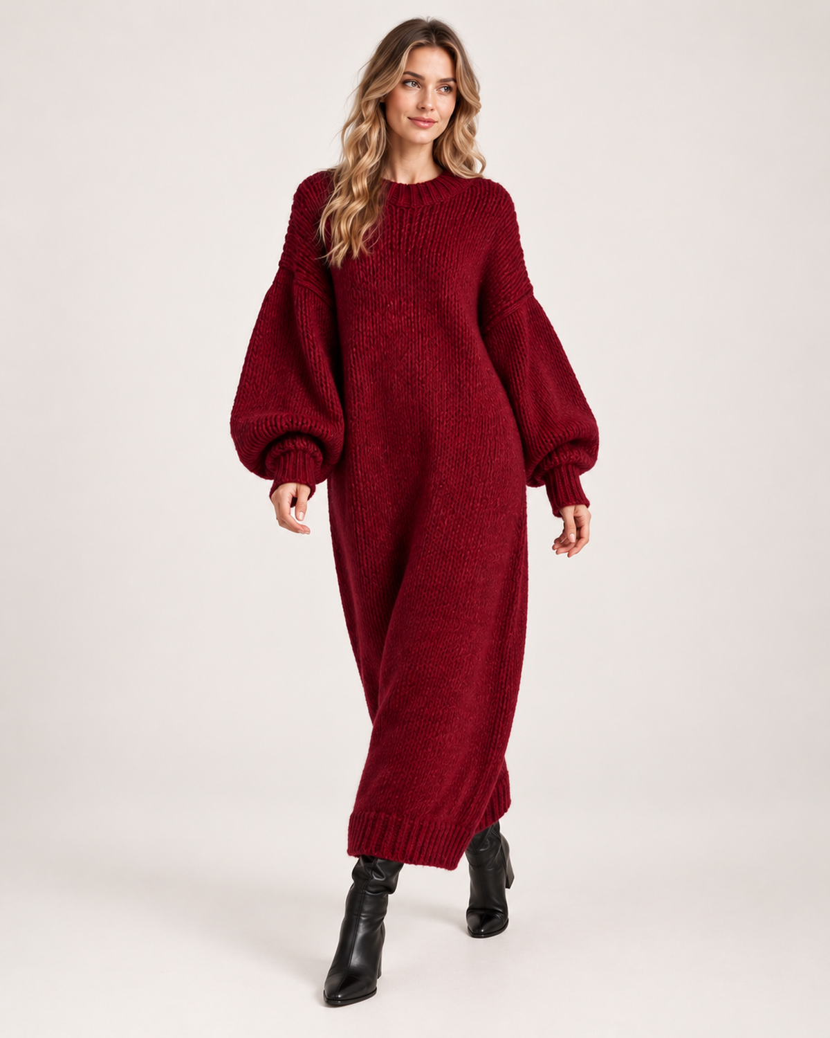 Women’s Knitted Maxi Dress with Balloon Sleeves in Dark Red, full body view