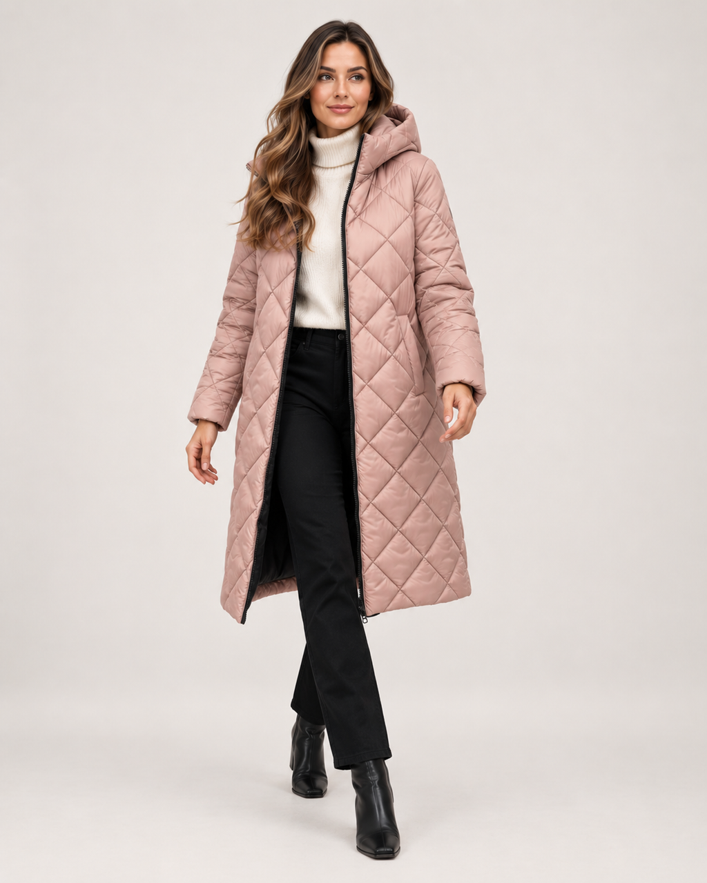 Women’s Long Puffer Jacket with Hood and Diamond Quilting in Dusty Pink, full body view
