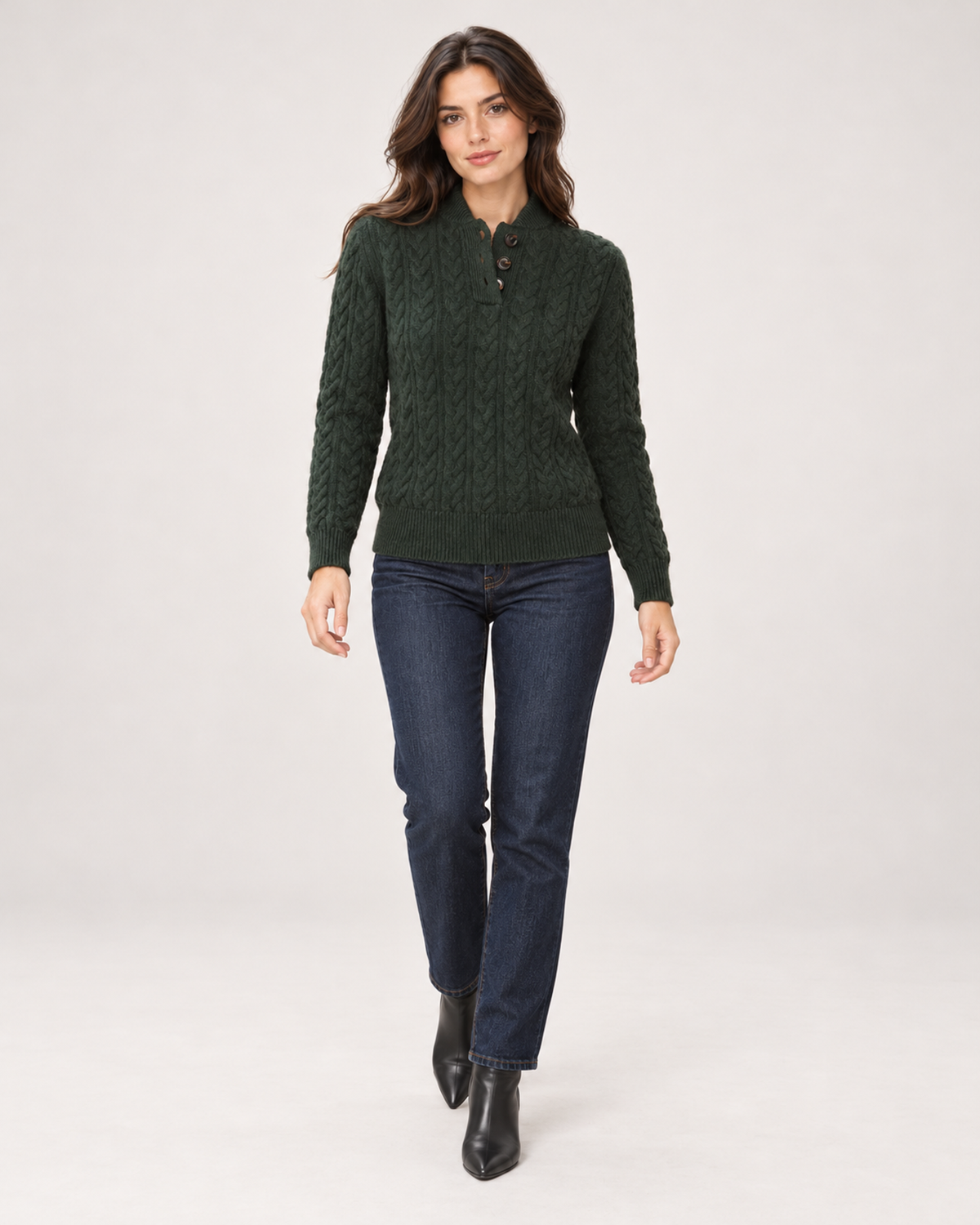 Women's Cable Knit Jumper with Button Neck walking view