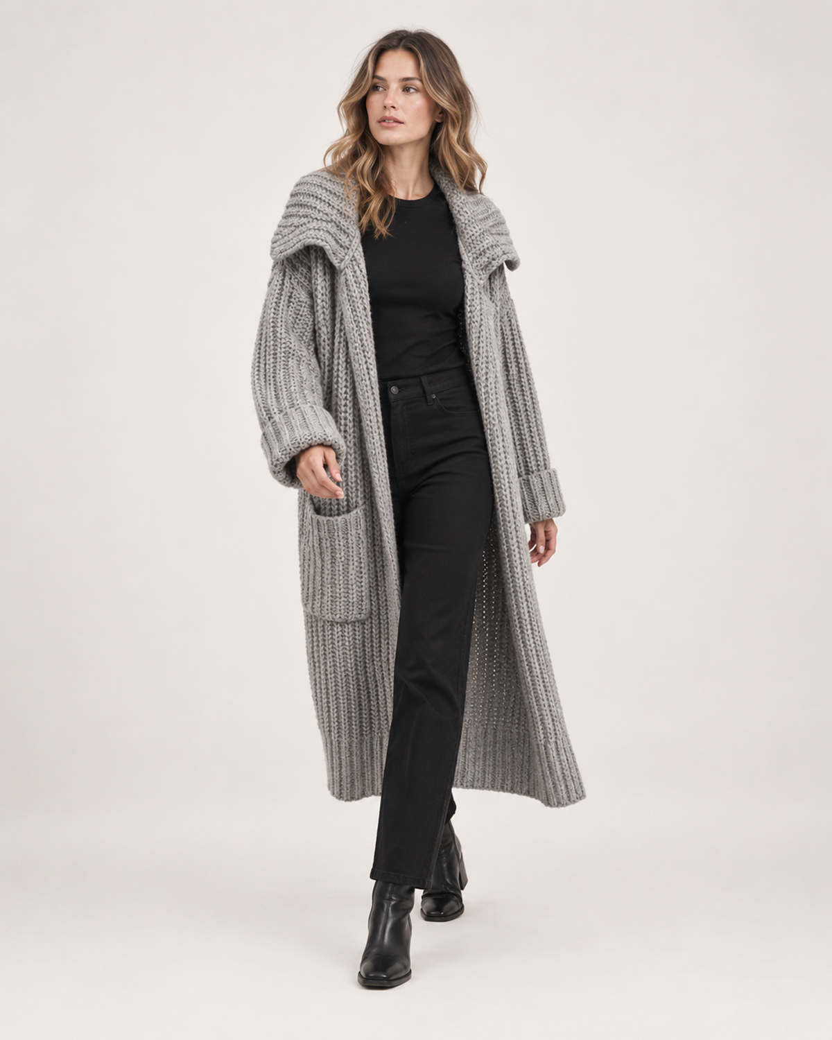 Women’s Long Cardigan with Shawl Collar in Grey, full body view