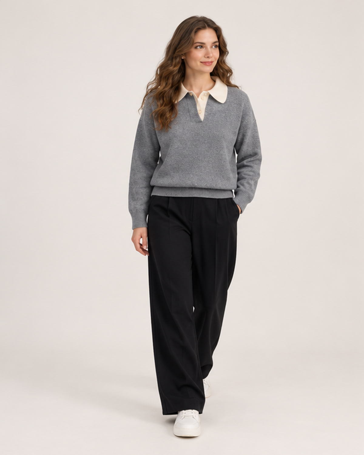 Women’s Collared Jumper with Colour Block Design in Grey, full body view