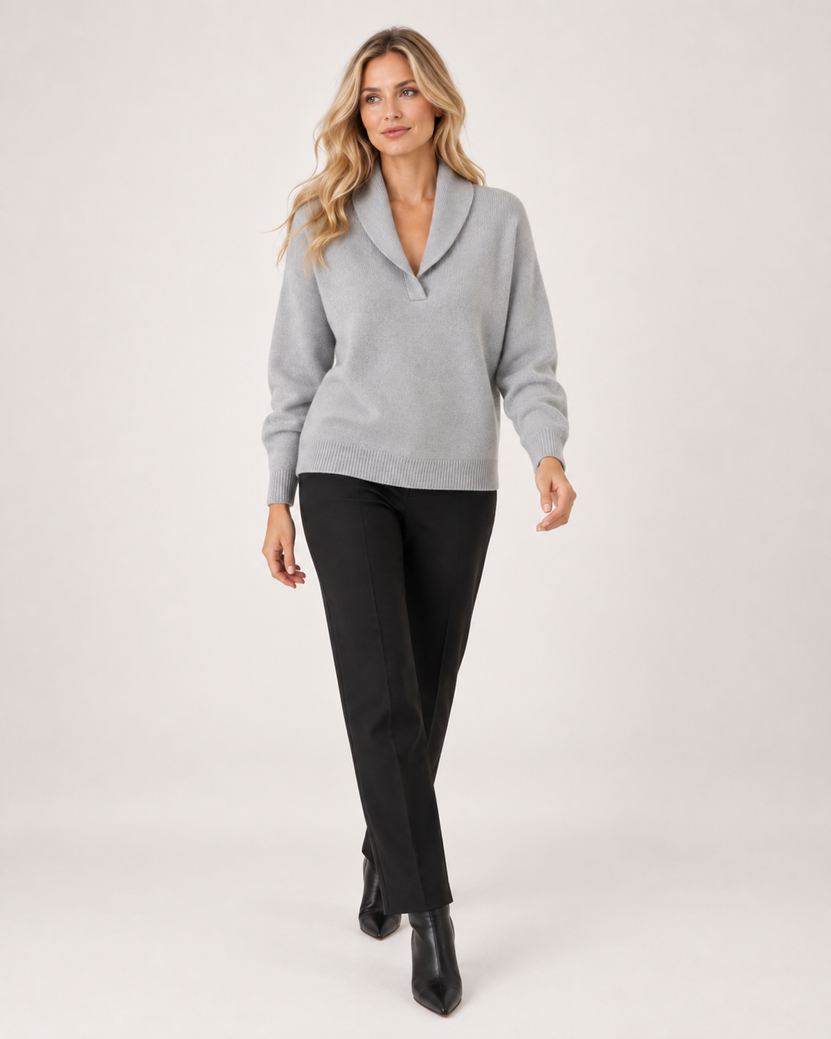 Women’s V Neck Jumper with Shawl Collar in Grey, full body view