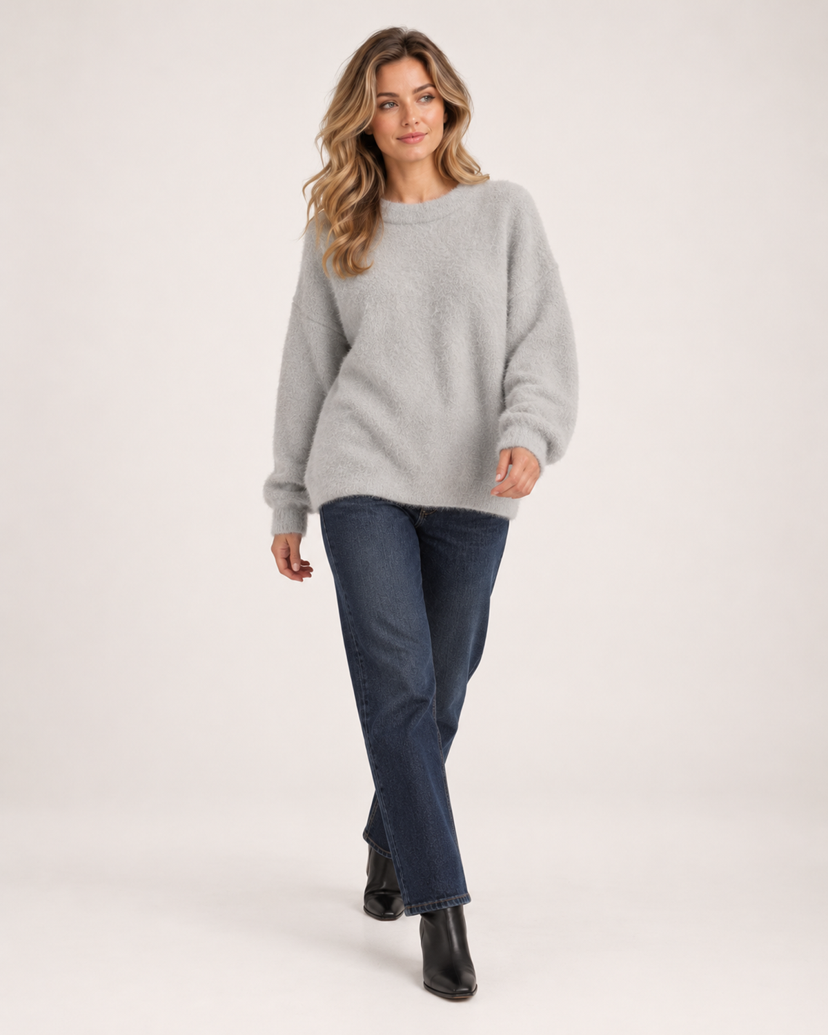 Women’s Fluffy Jumper with Crew Neck in Grey, full body view