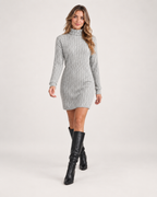 Women’s Jumper Dress with Ribbed Finish and Roll Neck in Grey, full body view