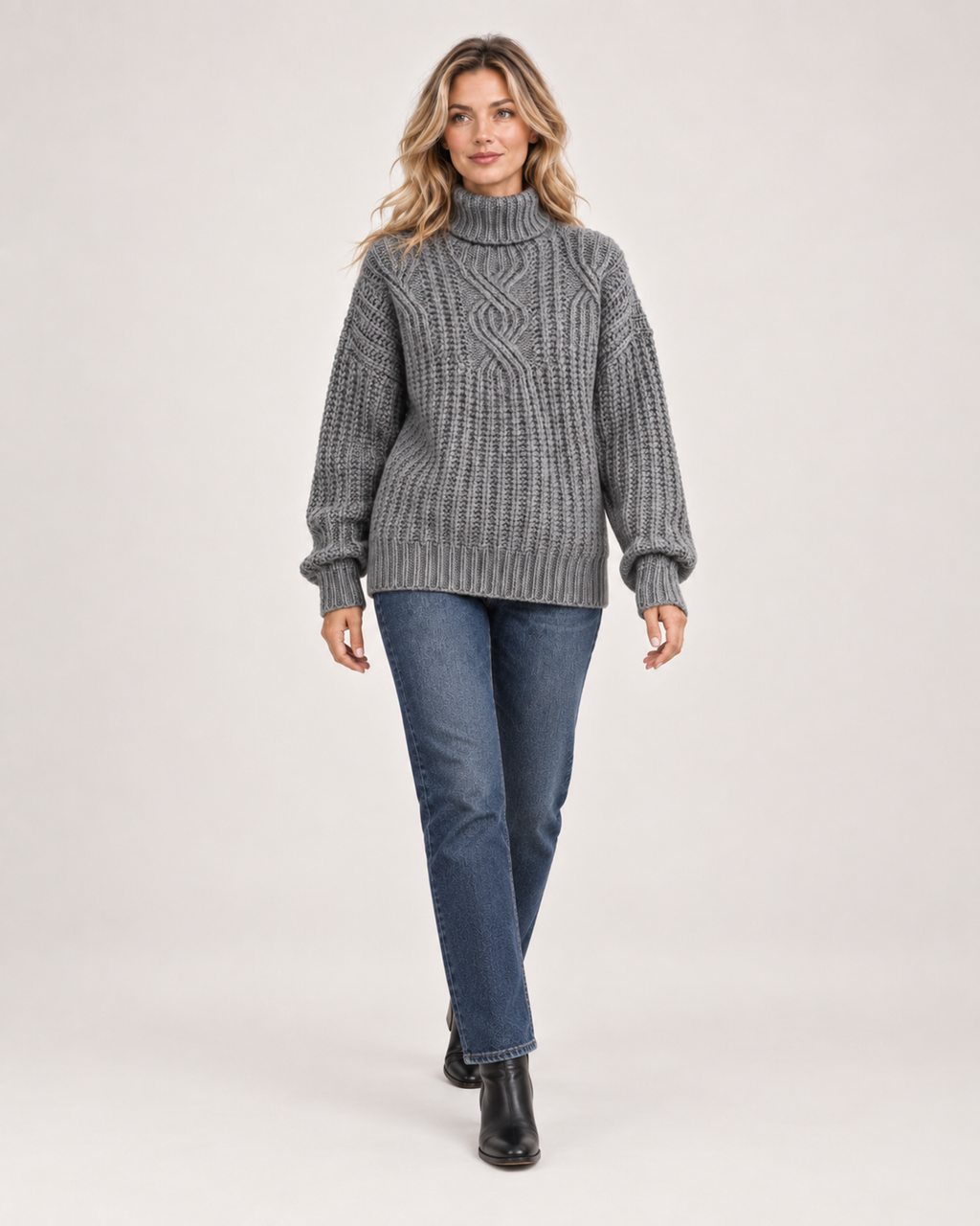 Women’s Roll Neck Jumper with Cable Knit in Grey, full body view
