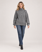 Women’s Roll Neck Jumper with Cable Knit in Grey, full body view