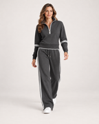 Women’s Tracksuit Set with Contrast Stripe Trim in Grey, full body view