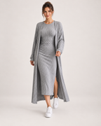 Women’s Knitted Dress Set with Long Cardigan in Grey, full body view
