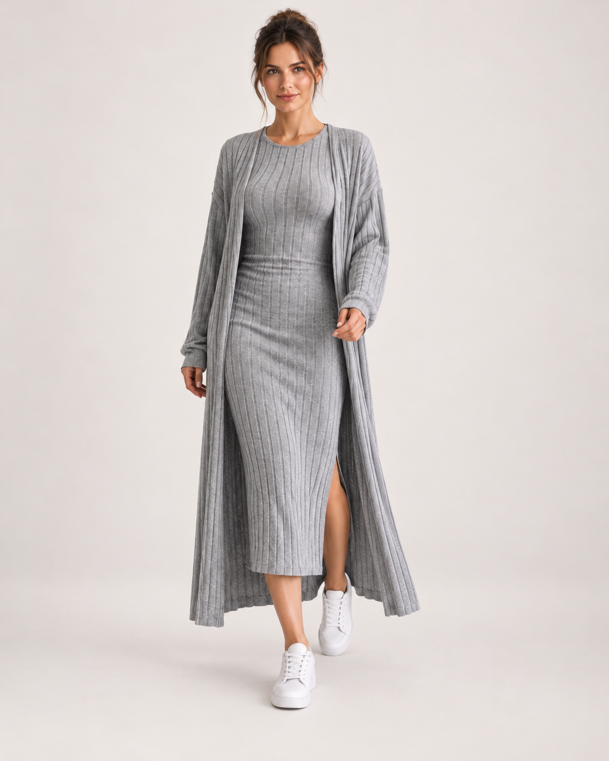 Women’s Knitted Dress Set with Long Cardigan in Grey, full body view