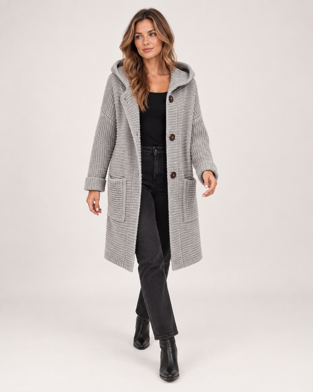 Women’s Long Hooded Cardigan with Chunky Texture in Grey, full body view