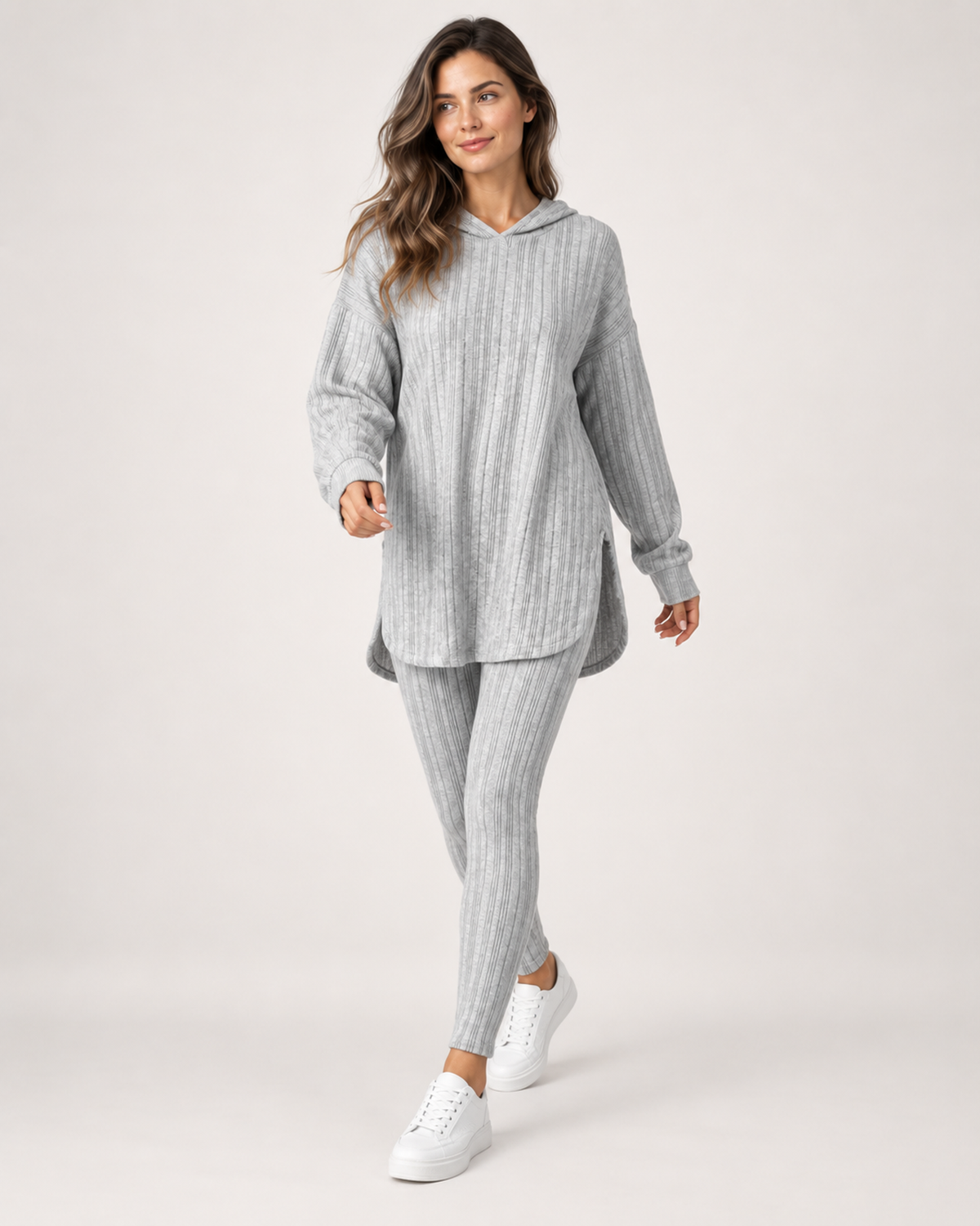 Women’s Loungewear Set with Hooded Longline Top and Leggings in Grey, full body view