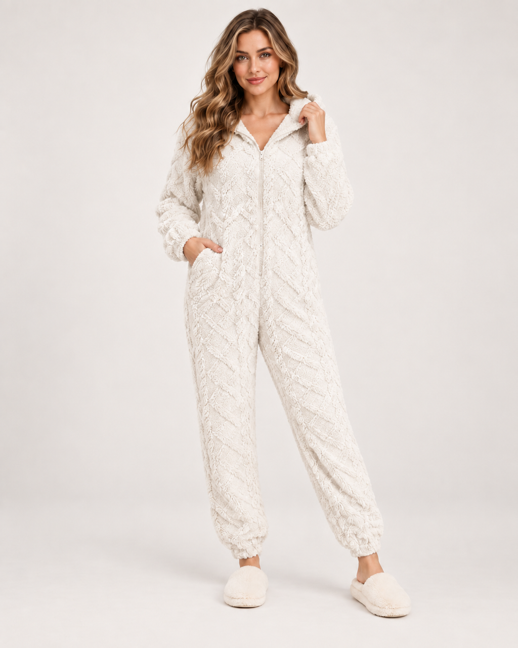 Women’s Fleece Pyjamas with Hood and Zip Front in Ivory, full body view