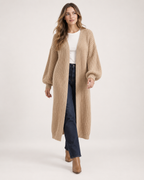 Women’s Long Cardigan with Balloon Sleeves in Khaki, full body view